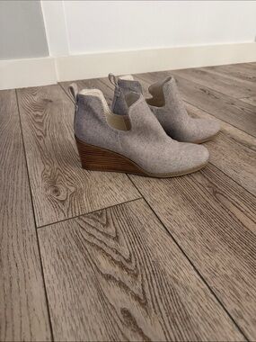 Toms Gray Fabric Wedge Booties with Wood-Stacked Heel